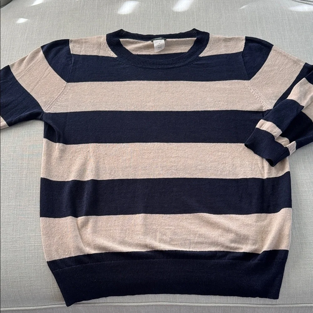 J. Crew Women's Linen Navy and Cream Striped Crewneck Sweater Size: M